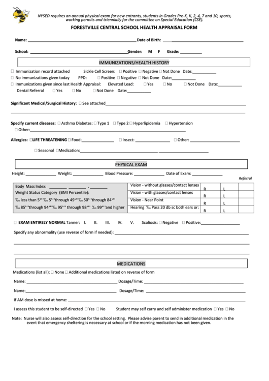 Forestville Central School Health Appraisal Form Printable pdf