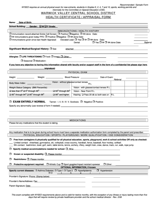Warwick Valley Central School District Health Certificate/appraisal Form Printable pdf