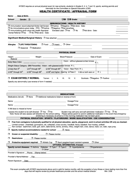 Nysed Health Certificate/appraisal Form Printable pdf
