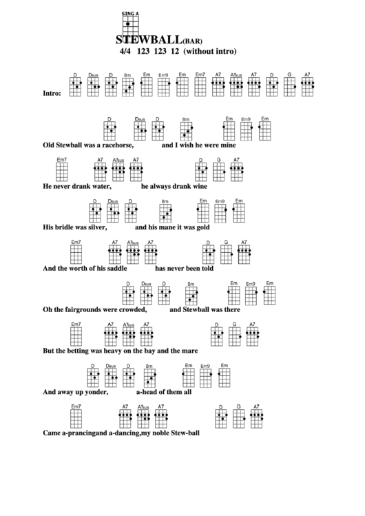 Stewball (Bar) Chord Chart Printable pdf