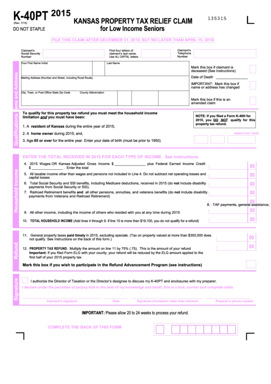 Form K-40pt - Kansas Property Tax Relief Claim - 2015 Printable pdf