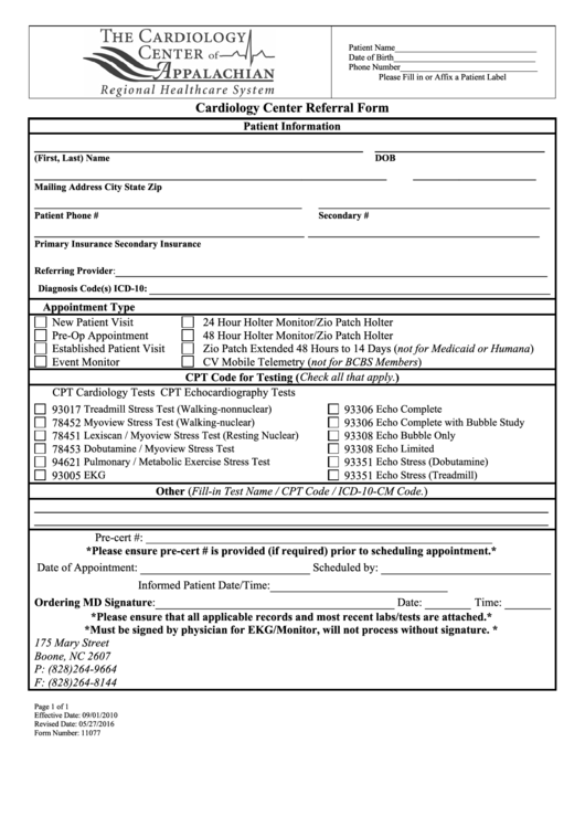 Patient Referral Form For The Cardiology Center Printable pdf