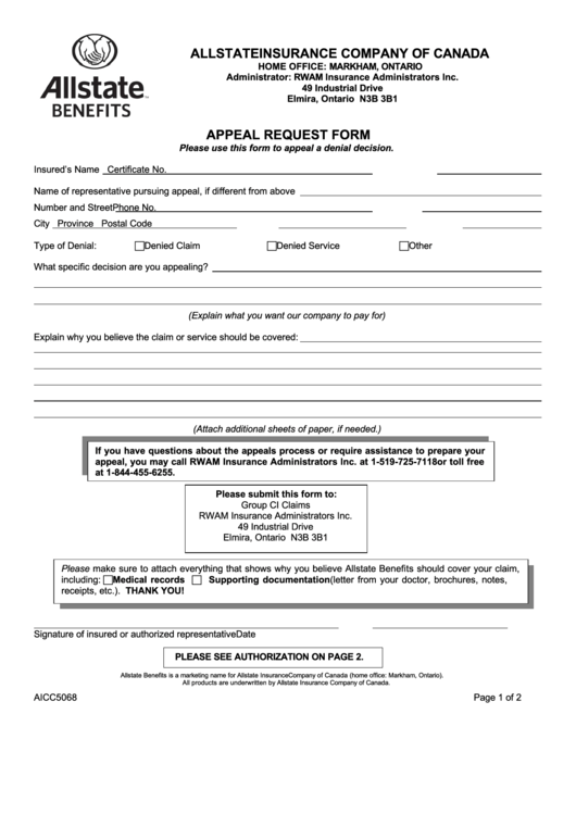 Appeal Request Form Allstate Benefits Canada Printable pdf