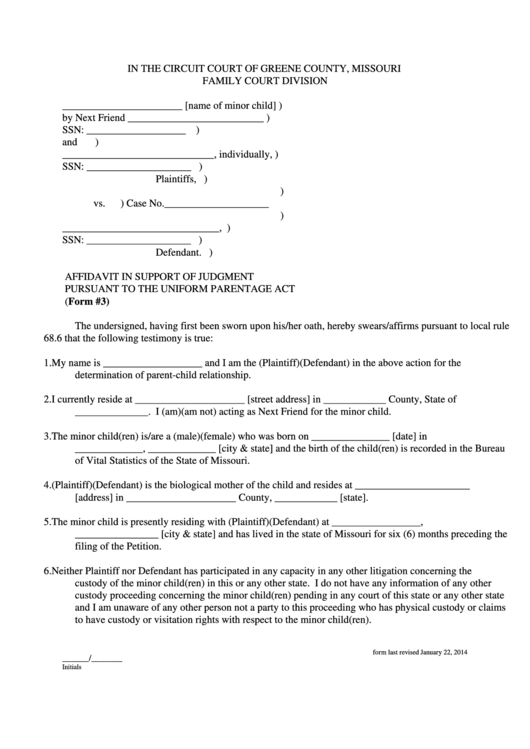 Affidavit In Support Of Judgment Pursuant To The Uniform Parentage Act Printable pdf