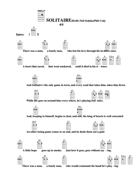 Solitaire (Bar) - Neil Sedaka/phil Cody Chord Chart Printable pdf