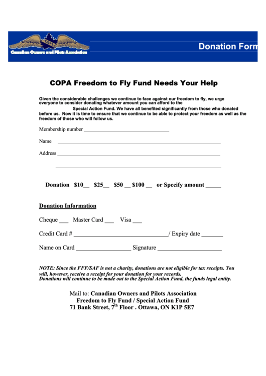 Fillable Freedom To Fly Donation Form Printable pdf