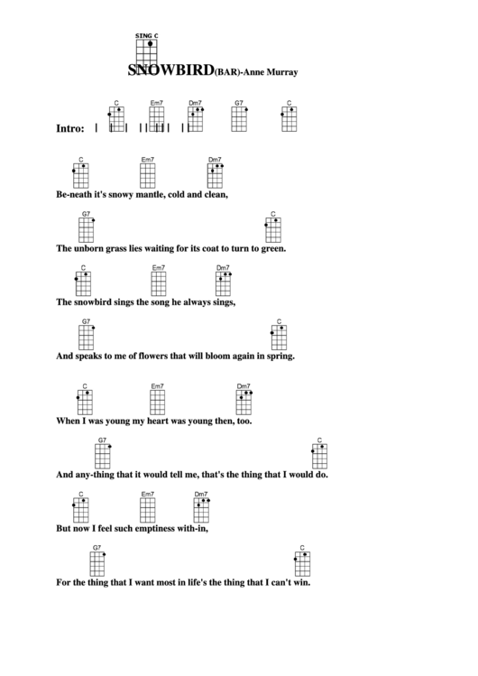 Snowbird (Bar) - Anne Murray Chord Chart Printable pdf