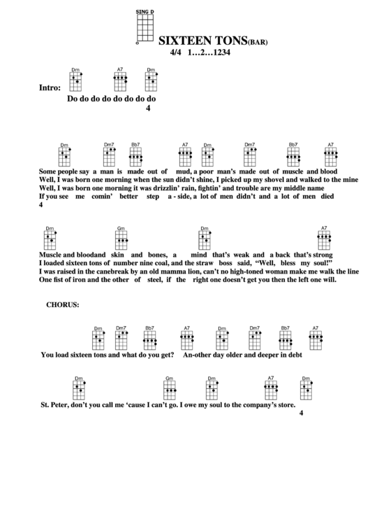 Sixteen Tons (Bar) Chord Chart Printable pdf
