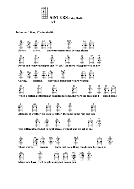 Sisters-Bb-Irving Berlin Chord Chart Printable pdf