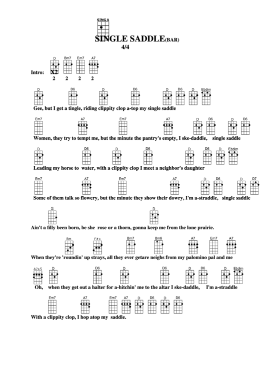 Single Saddle (Bar) Chord Chart Printable pdf