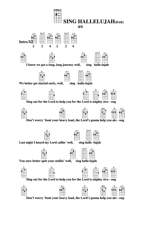Sing Hallelujah (Bar) Chord Chart Printable pdf