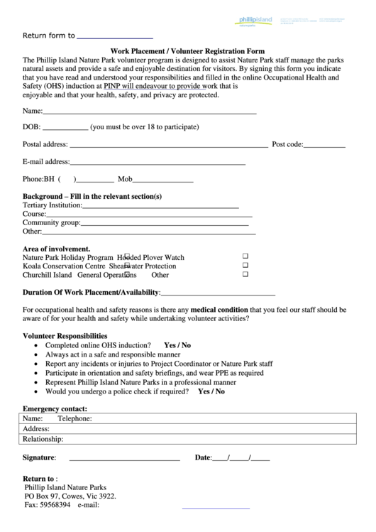 Work Placement / Volunteer Registration Form Printable pdf