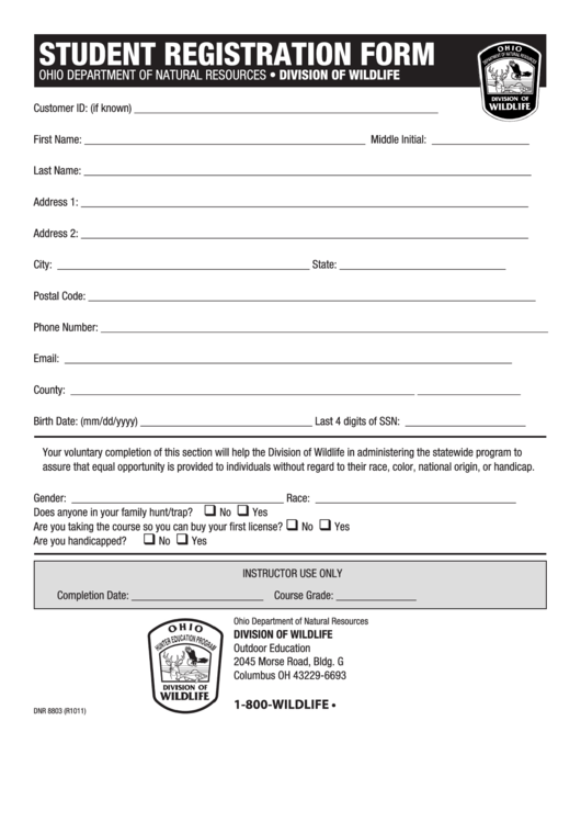 Form Dnr 8803 - Student Registration Form - Ohio Department Of Natural Resources, Division Of Wildlife