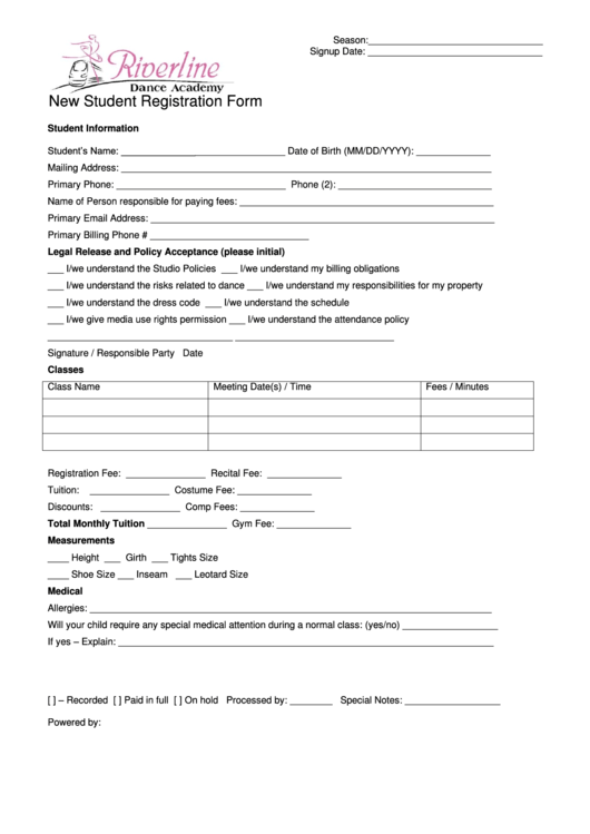 New Student Registration Form Printable pdf