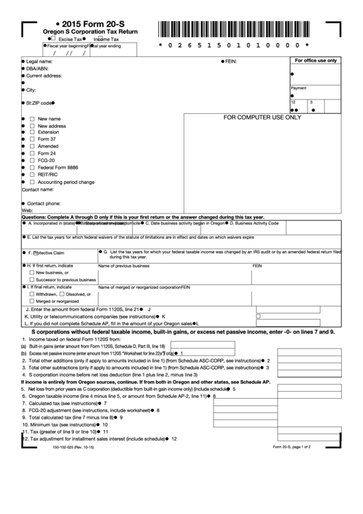 Fillable Form 20-S - Oregon S Corporation Tax Return - 2015 Printable pdf