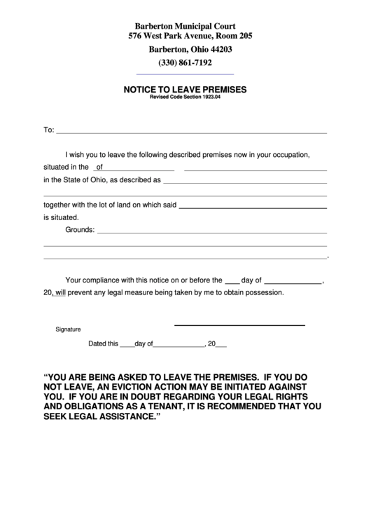 Notice To Leave Premises Form Printable pdf
