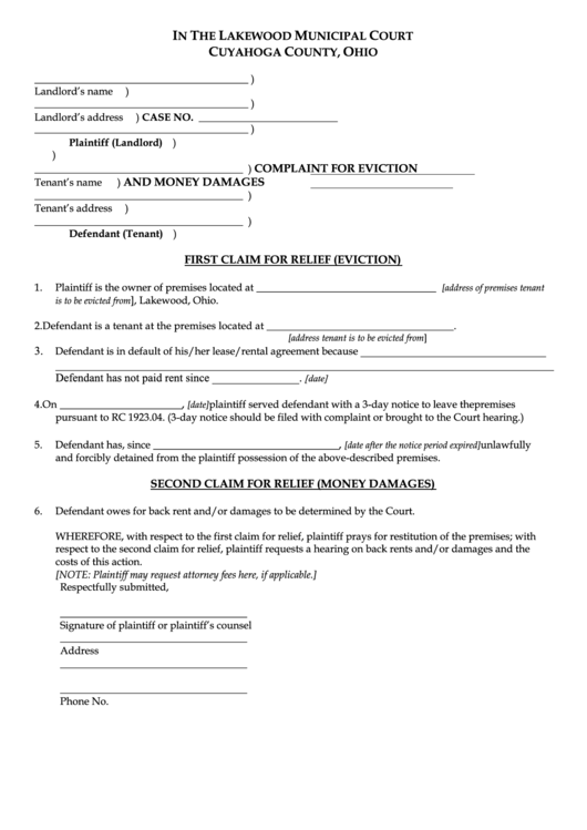 First Claim For Relief (Eviction) Printable pdf