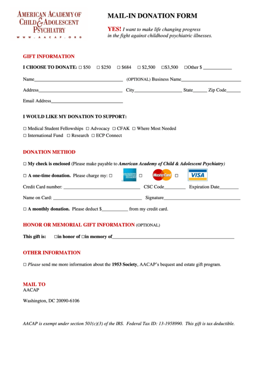 Donation Form - American Academy Of Child And Adolescent Psychiatry Printable pdf
