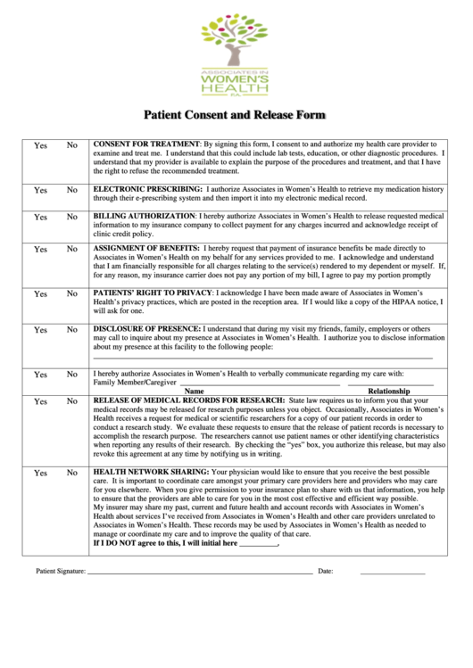 Patient Consent And Release Form Printable pdf