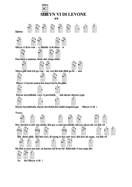Sheyn Vi Di Levone Chord Chart Printable pdf
