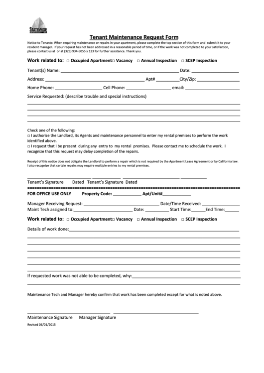 Tenant Maintenance Request Form Statewide Enterprises printable pdf