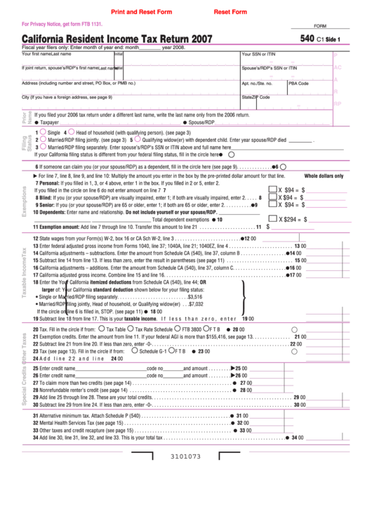 Fillable Form 540 C1 - Resident Income Tax Return - 2007 Printable pdf