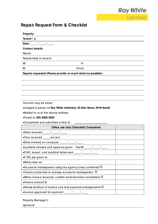 Repair Request Form & Checklist Printable pdf