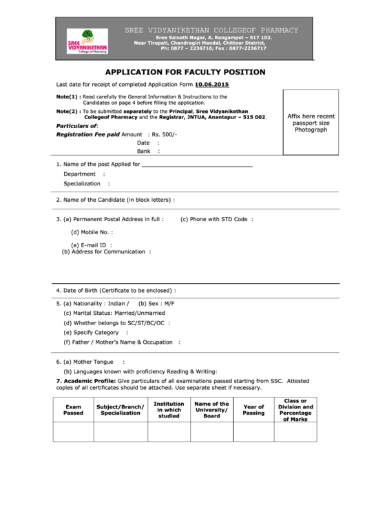 Application For Faculty Position Printable pdf