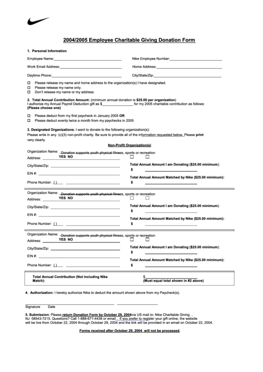 Employee Charitable Giving Donation Form Printable pdf
