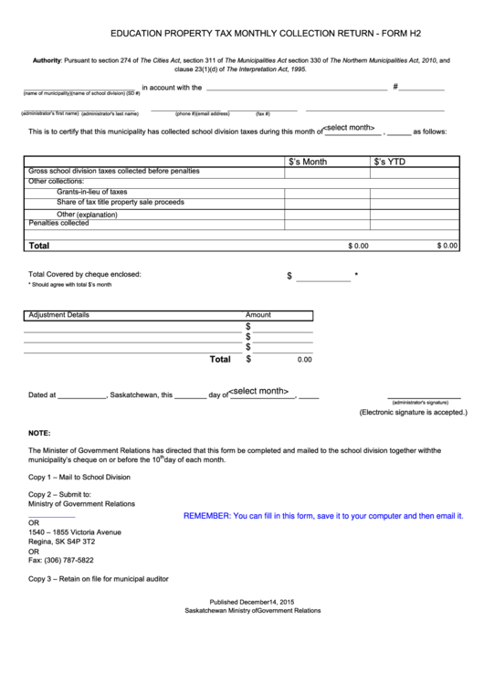 Education Property Tax Monthly Collection Return - Form H2 Printable pdf