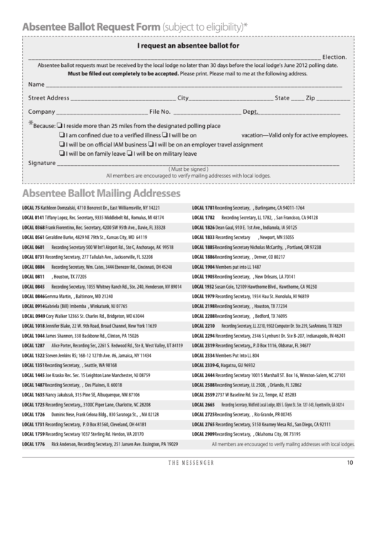 Absentee Ballot Request Form (Subject To Eligibility) Printable pdf
