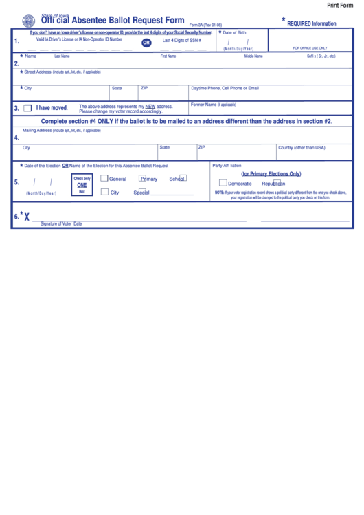 Form 3a - Official Absentee Ballot Request Form Printable pdf