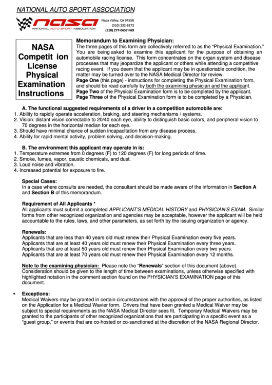 Nasa Competition License Physical Examination Instructions Printable pdf