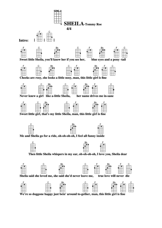 Sheila - Tommy Roe Chord Chart Printable pdf
