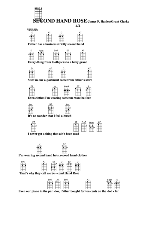 Second Hand Rose - James F. Hanley/grant Clarke Chord Chart Printable pdf