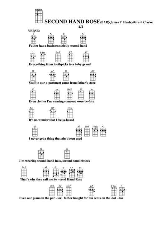 Second Hand Rose (Bar) - James F. Hanley/grant Clarke Chord Chart Printable pdf