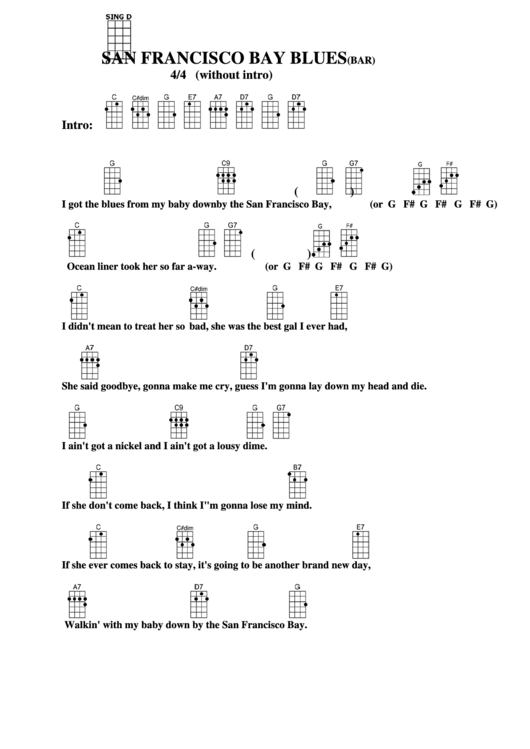 San Francisco Bay Blues (Bar) Chord Chart Printable pdf