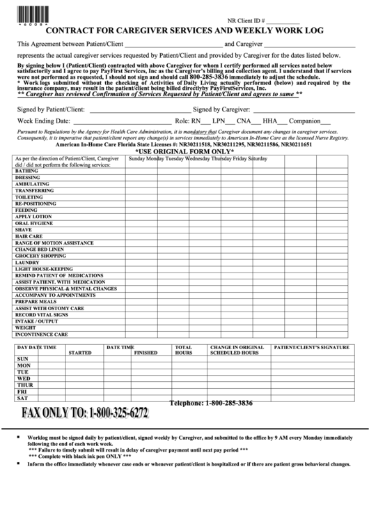 Contract For Caregiver Services And Weekly Work Log Printable pdf