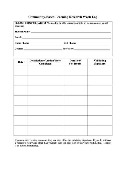 Community-Based Learning Research Work Log Printable pdf