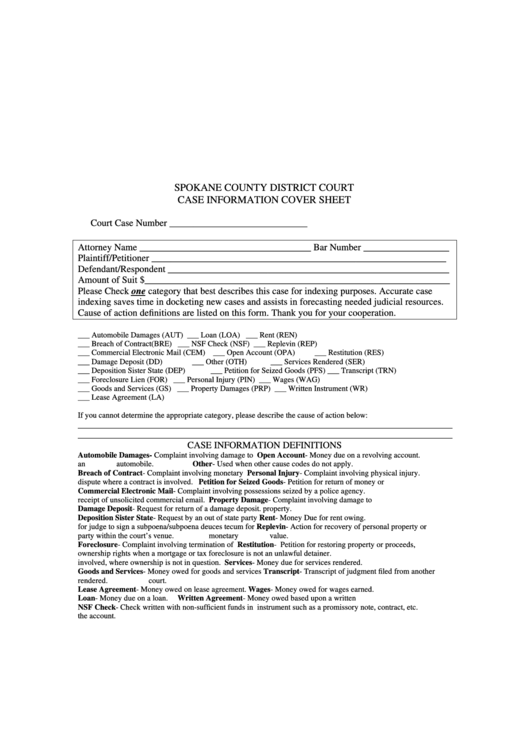 Case Information Cover Sheet - Spokane County District Court Printable pdf