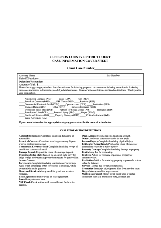Case Information Cover Sheet - Jefferson County District Court Printable pdf