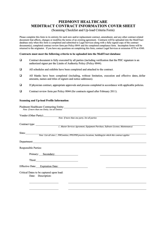 Piedmont Healthcare Meditract Contract Information Cover Sheet