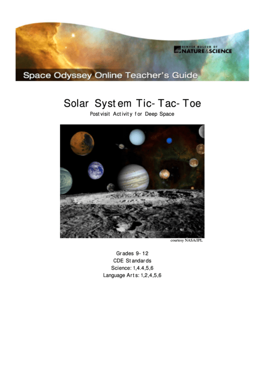 Solar System Tic-tac-toe Postvisit Activity For Deep Space Sheet - Grades 9-12
