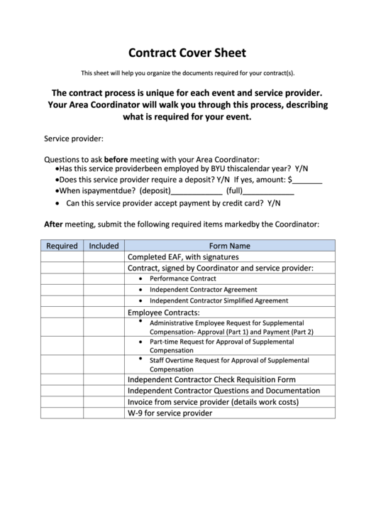Contract Cover Sheet Printable pdf