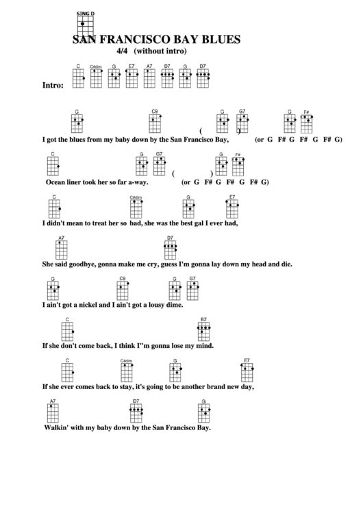 San Francisco Bay Blues Chord Chart Printable pdf