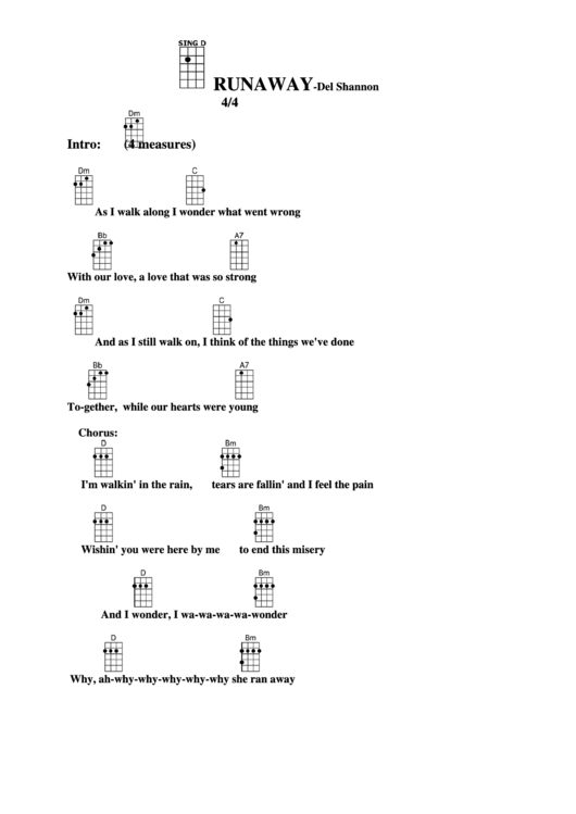 Runaway - Del Shannon Chord Chart Printable pdf