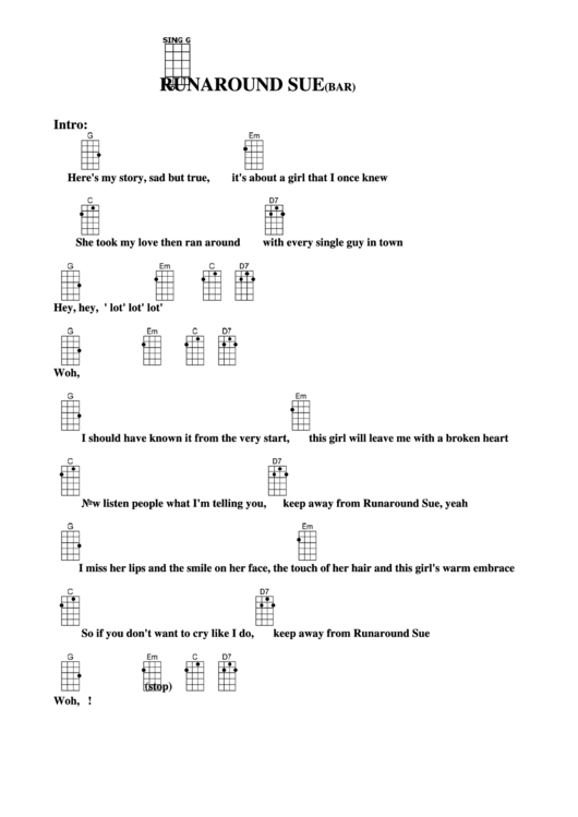 Chord Chart - Runaround Sue(Bar) Printable pdf