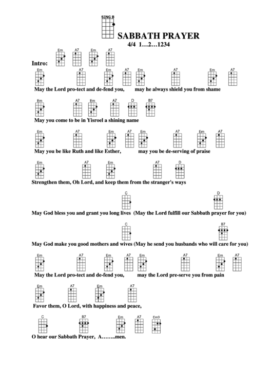 Sabbath Prayer Chord Chart Printable pdf