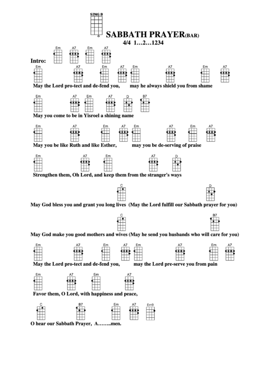 Sabbath Prayer (Bar) Chord Chart Printable pdf