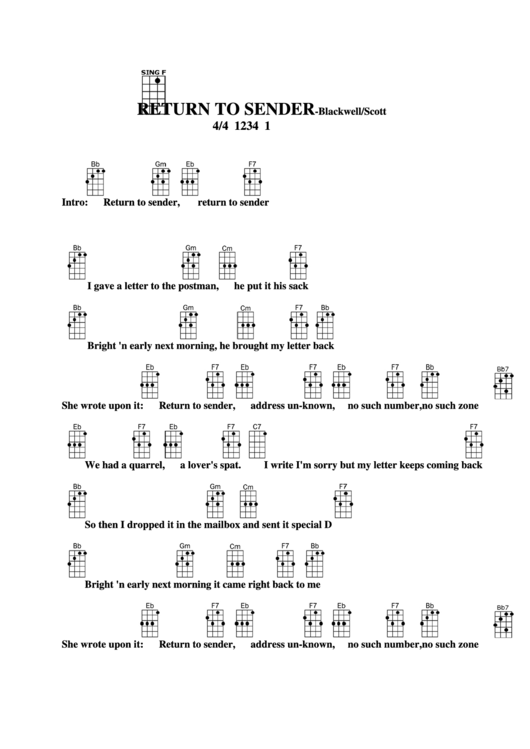 Return To Sender - Blackwell/scott Chord Chart Printable pdf